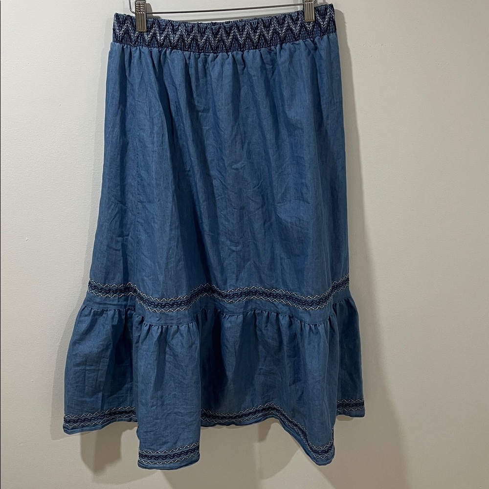 Lapis Women’s Skirt Medium 100% Cotton Bohemian Tiered Embroidered Chambray Blue